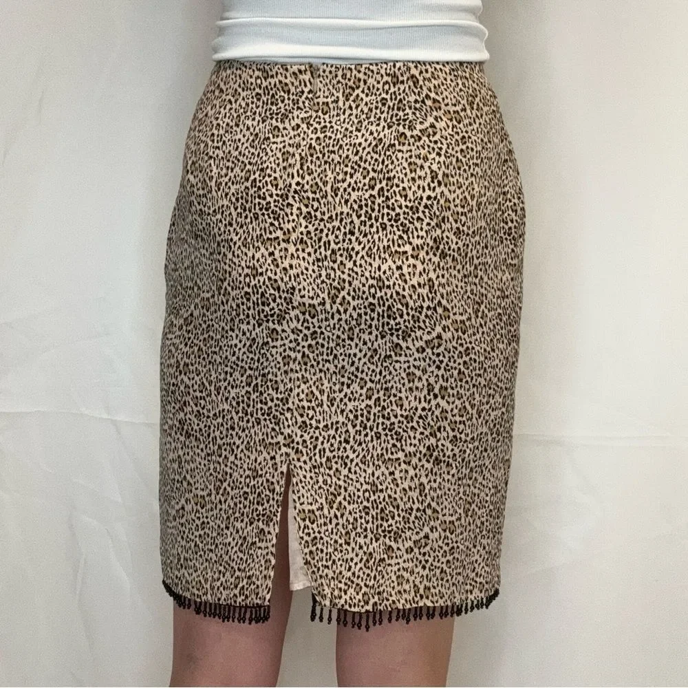 Allison Taylor Petite Silk Leopard Pencil Skirt Beaded Fringe Women’s 8P